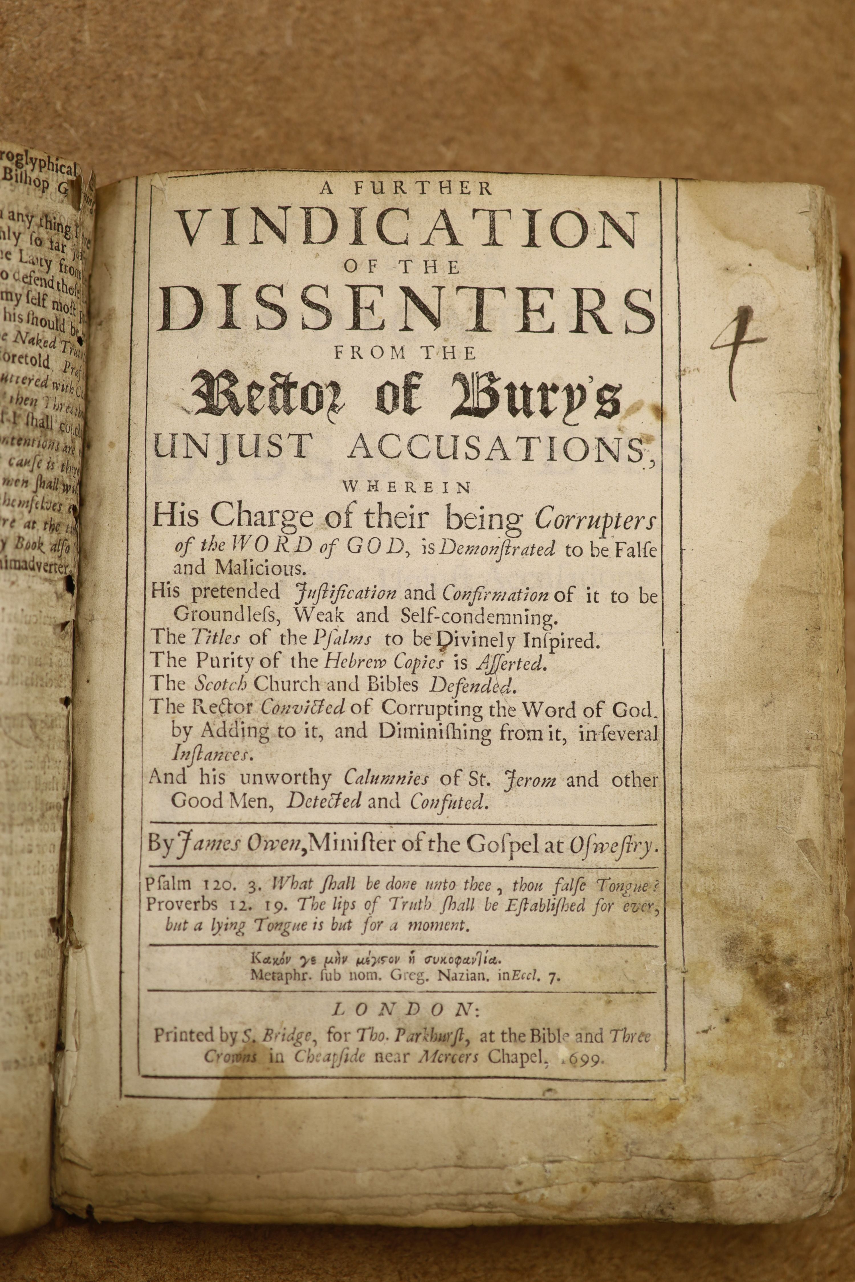 A leather bound volume of 17th / 18th century pamphlets, including a 1706 book on The Funeral Sermon of the late Mr Francis G......